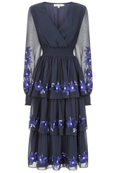 Tamsin Navy Floral Embroidered Midi Dress with Tiered Skirt